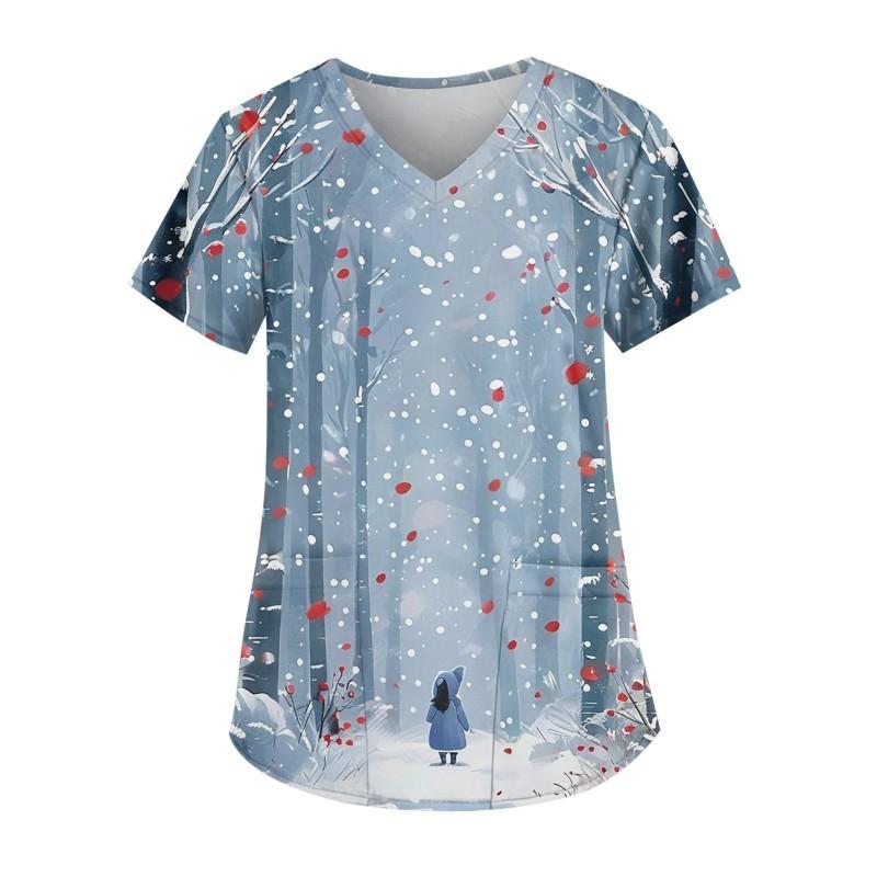3D Snowman Print V-Neck Short Sleeve T-Shirt Women Men Casual Workwear Comfort Fit 2025