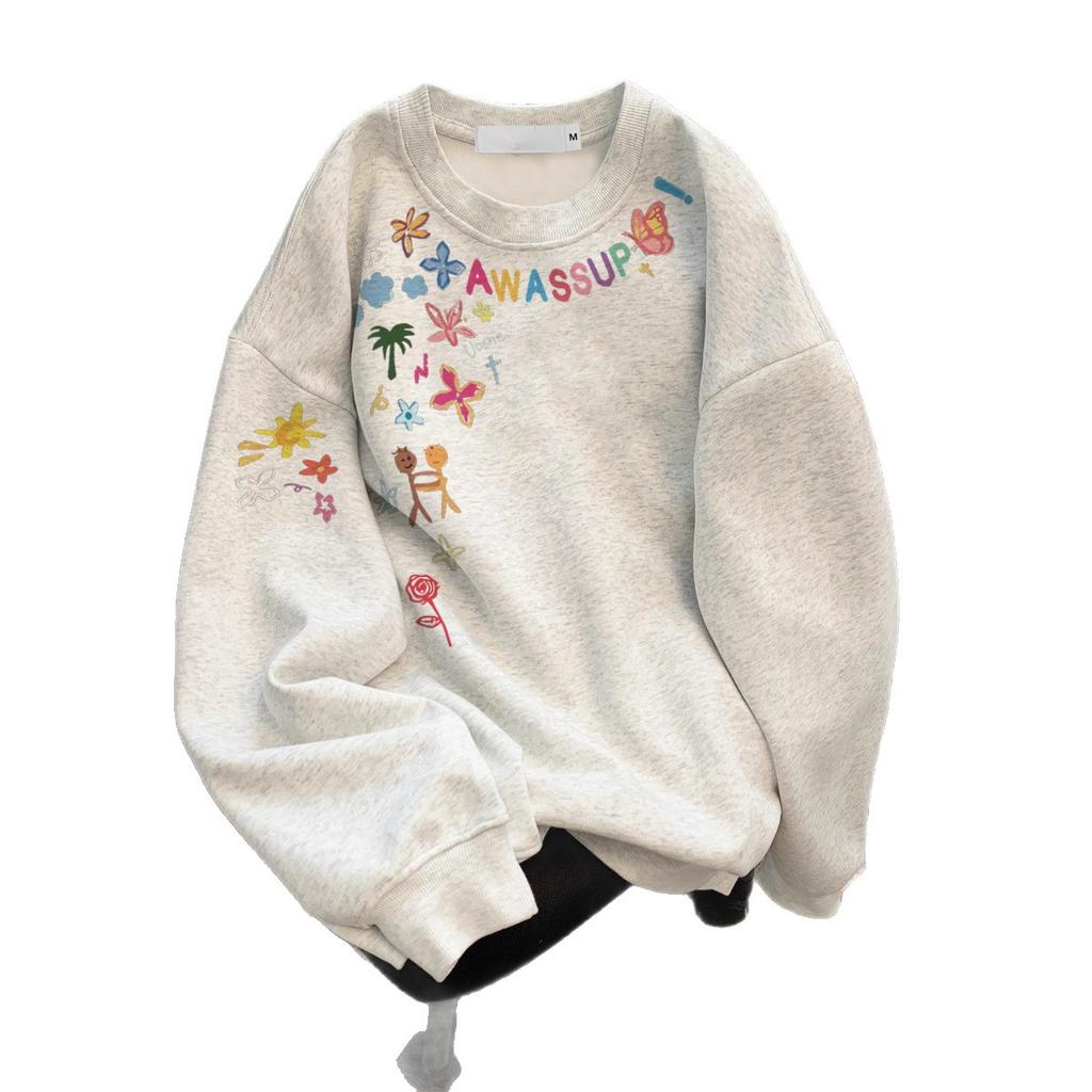 Crew neck sweater girls fleece thickened autumn and winter American high street heavy versatile jacket boys long sleeves