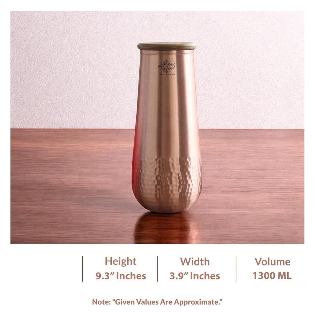 Reine Kupfer Schlafzimmer Wasserflasche mit Holzdeckel, Aqua-Vasen-Design mit gehämmertem Lackfinish - Volumen 1300 ml (2er-Pack)