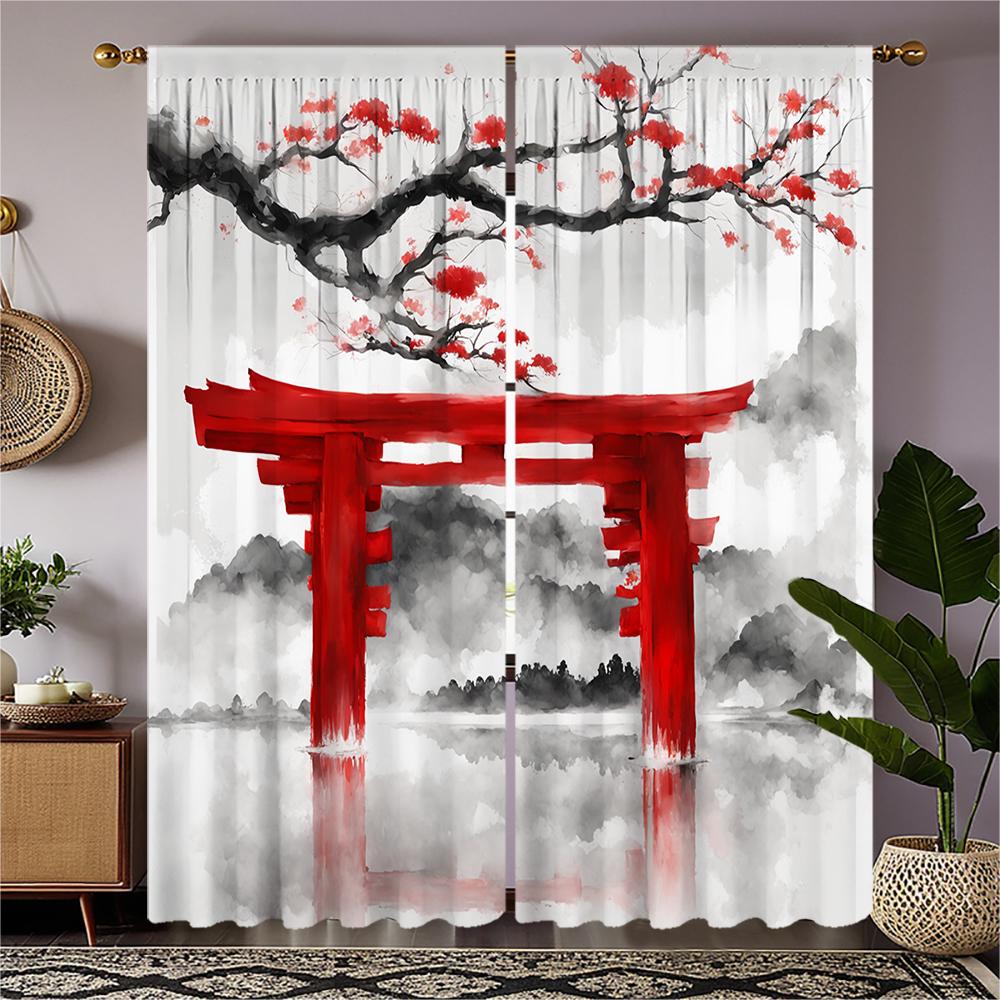 2-piece set of high-definition digital printed curtainRedToriiGateInkPaintingStyleCherryBlossomBranchEastAsianAestheticHome deco 100*130 Rod Pocket 1pcs