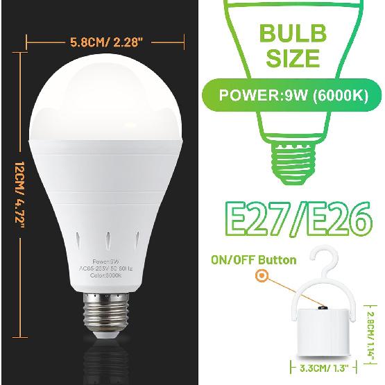 DEBAOBULB 6 Pack Rechargeable Emergency Light Bulbs, Battery Powered LED Light Bulb 6000K Daylight E26 120 Volt 9W 60W Equivalent with 1200mAh for