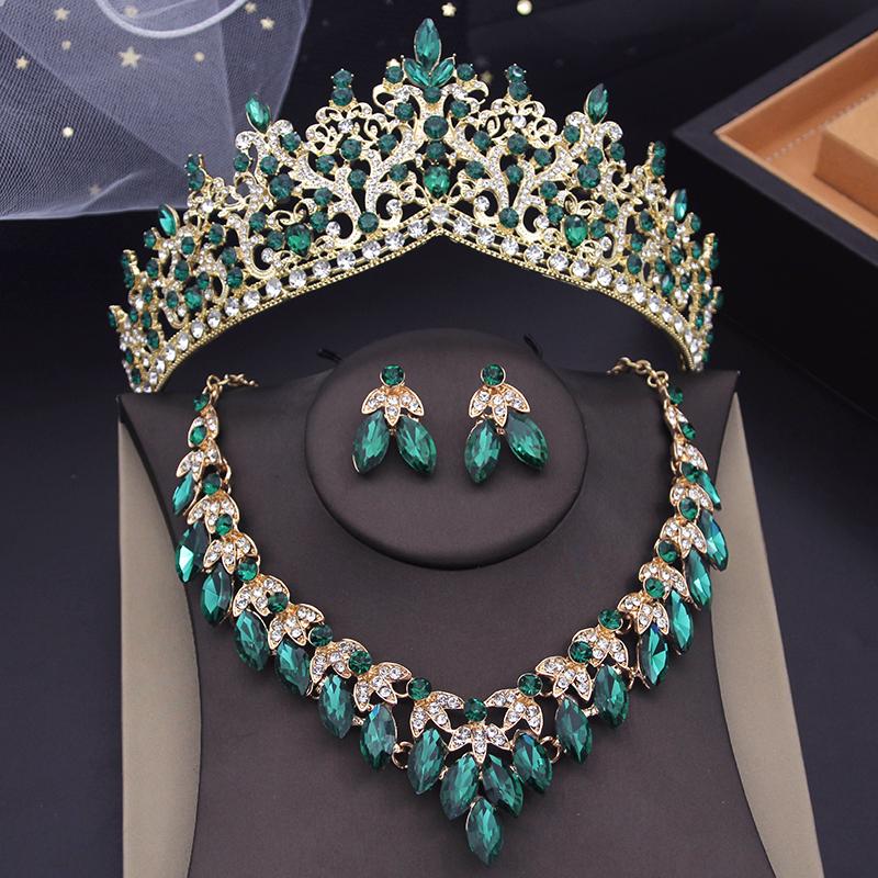 Luxury Green Crystal Flower Tiaras Crown Sets for Queen Pageant Necklace Earring Sets Wedding Dress Bridal Jewelry Set for Women
