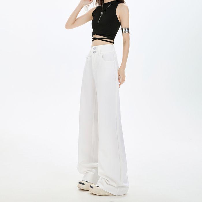 Spring Summer Wrinkle Resistant Four Way Stretch Non Cling Double Button Micro Flare Wide Leg Denim Pants Ladies Casual Pants Oversize Denim Trousers