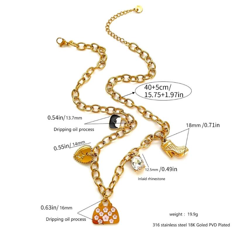 Rhinestones Embellished Love Sachet Charm Necklace Stainless Steel Clavicle Chain Fashion Jewelry Accessory