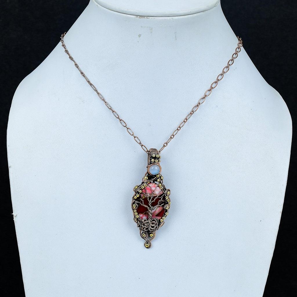Tree of Life Kingman Red Mohave Copper Turquoise Pendant Copper Wire Wrapped Gemstone Jewelry Rainbow Moonstone Pendant Handmade Jewelry