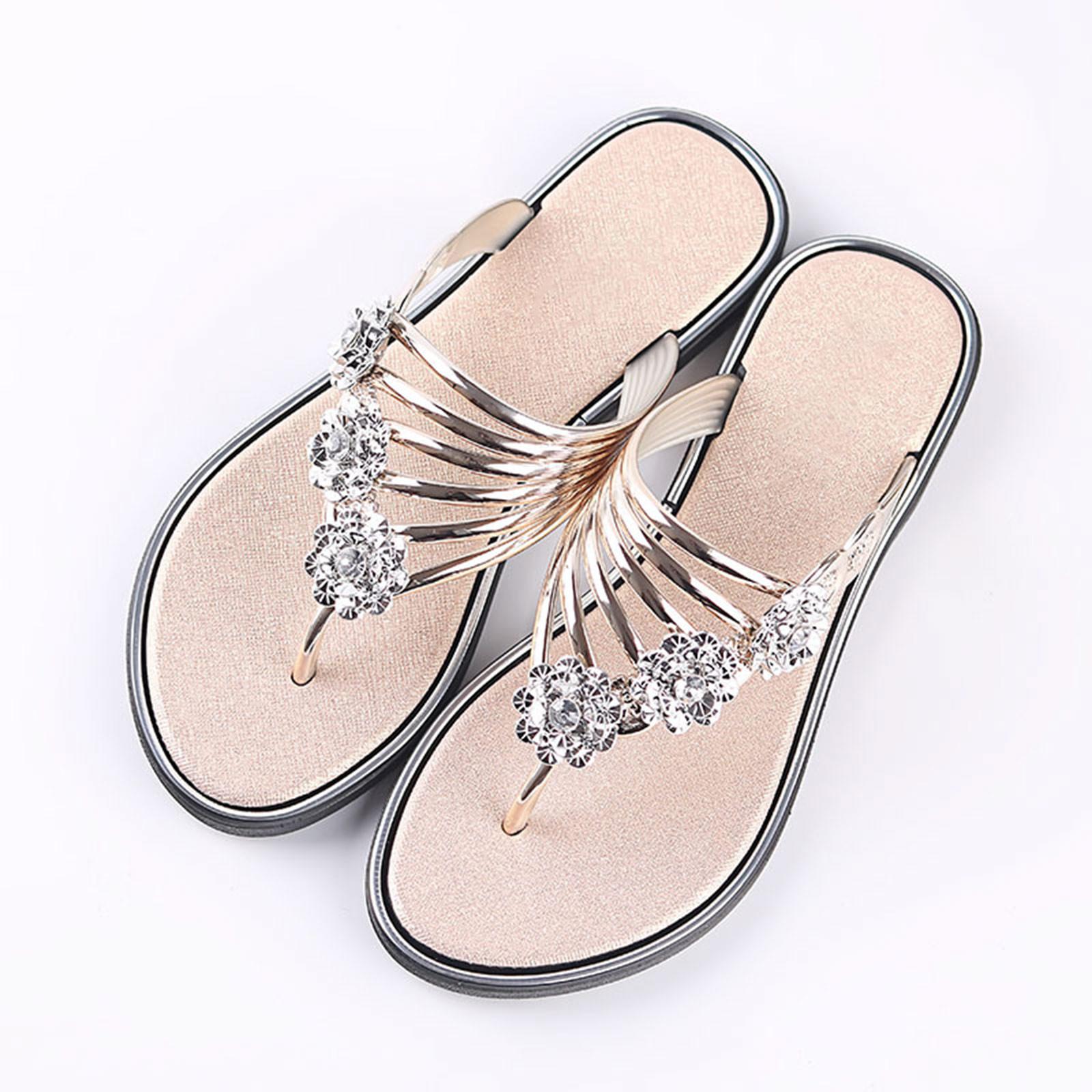 

Women s Beach Flat Bottomed Rhinestone Flip Flops Are Lightweight And Casual Suitable For Wearing The Outside With Flip Flops 44 золотий