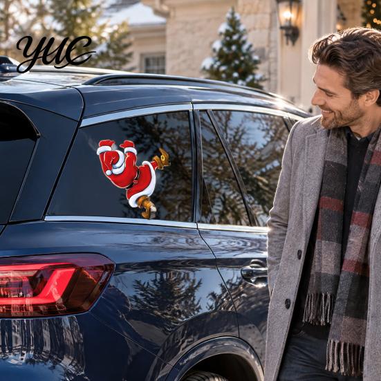 Removable Christmas Party Decals Hanging Santa Claus Car Sticker, Self Adhesive Decorative Decal, Body Waterproof PVC Auto Exterior Cling for