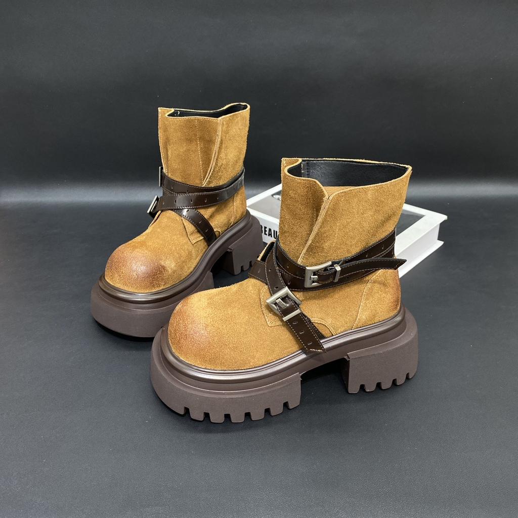 Retro belt buckle thick-soled Martin boots for women's 2025 new fashionable versatile casual and comfortable rhubarb boots