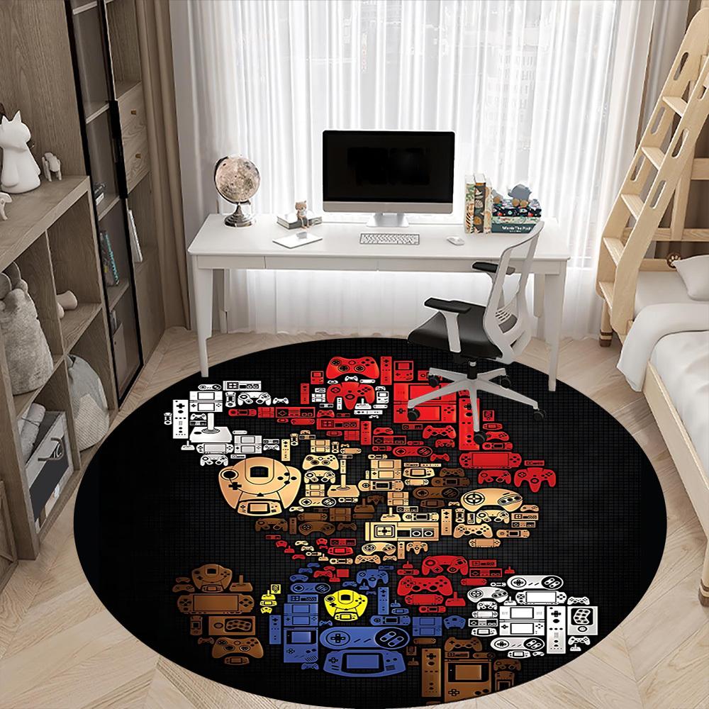 1pc Mario Gamer Console Office Round Area Rug, Indoor Mat Suitable For Office, Under Office Chairs Bedroom Living Room Home Decor, Room Deco