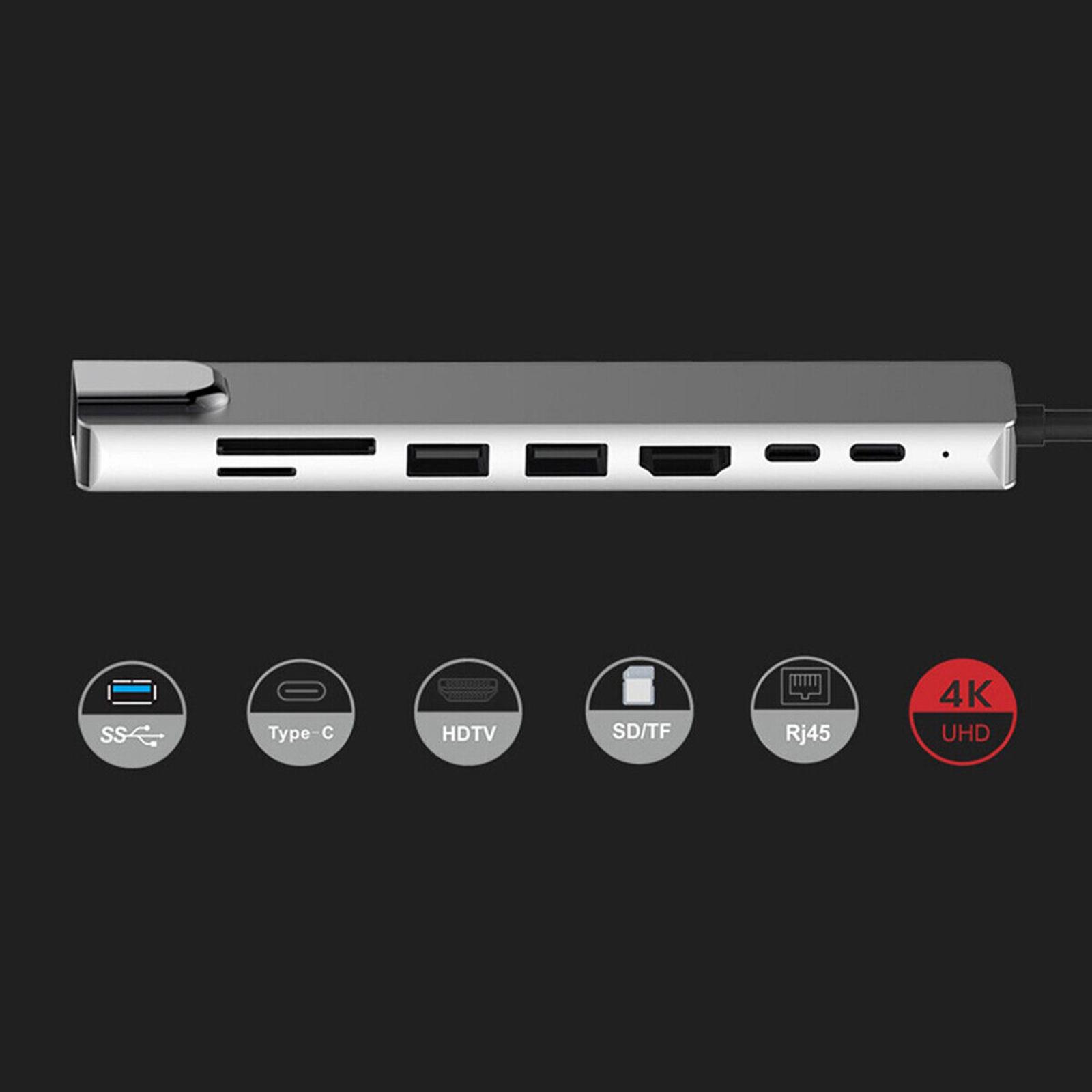 

8-IN-1 USB C Hub Type-C Hub Adapter Docking Station Multiport Adapter with 4K HD RJ45 Ethernet USB 2.0 PD Charging Port Compatible with PC NoteBook TV