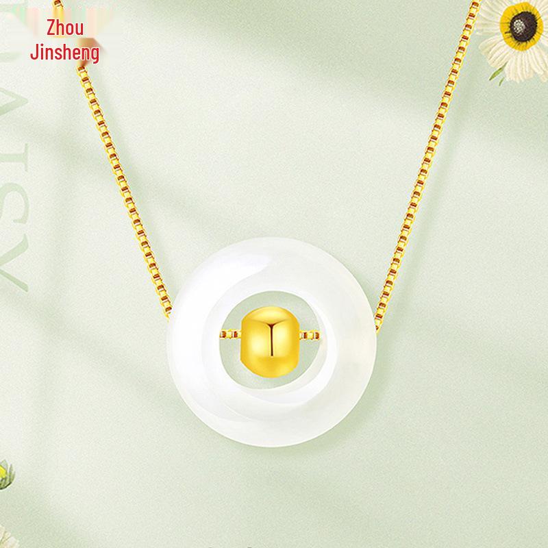 3D 999 Pure Gold & Hetian Jade Luck Beads Women's Necklace Pendant Gift