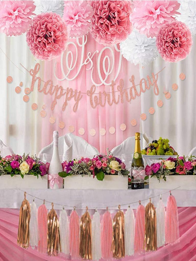 26pc Banner,Streamers Tassel Garland,Tissue Pom Poms Honeycomb,Paper Lanterns Fan,Birthday Wedding Bridal Baby Shower Bachelorette Engagement Decor