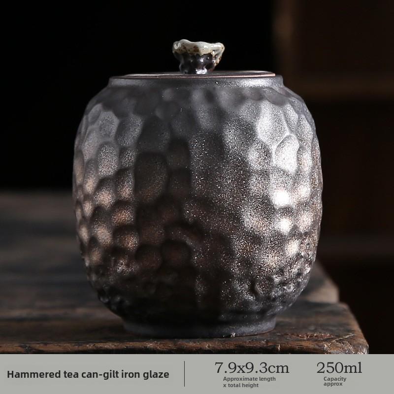 BRGilded Iron Glazed Hammered Tea Jar Ceramic Awakening Tea Jar Spice Container Handmade Storage Jars Ceramic Pet Urn 250mlEY
