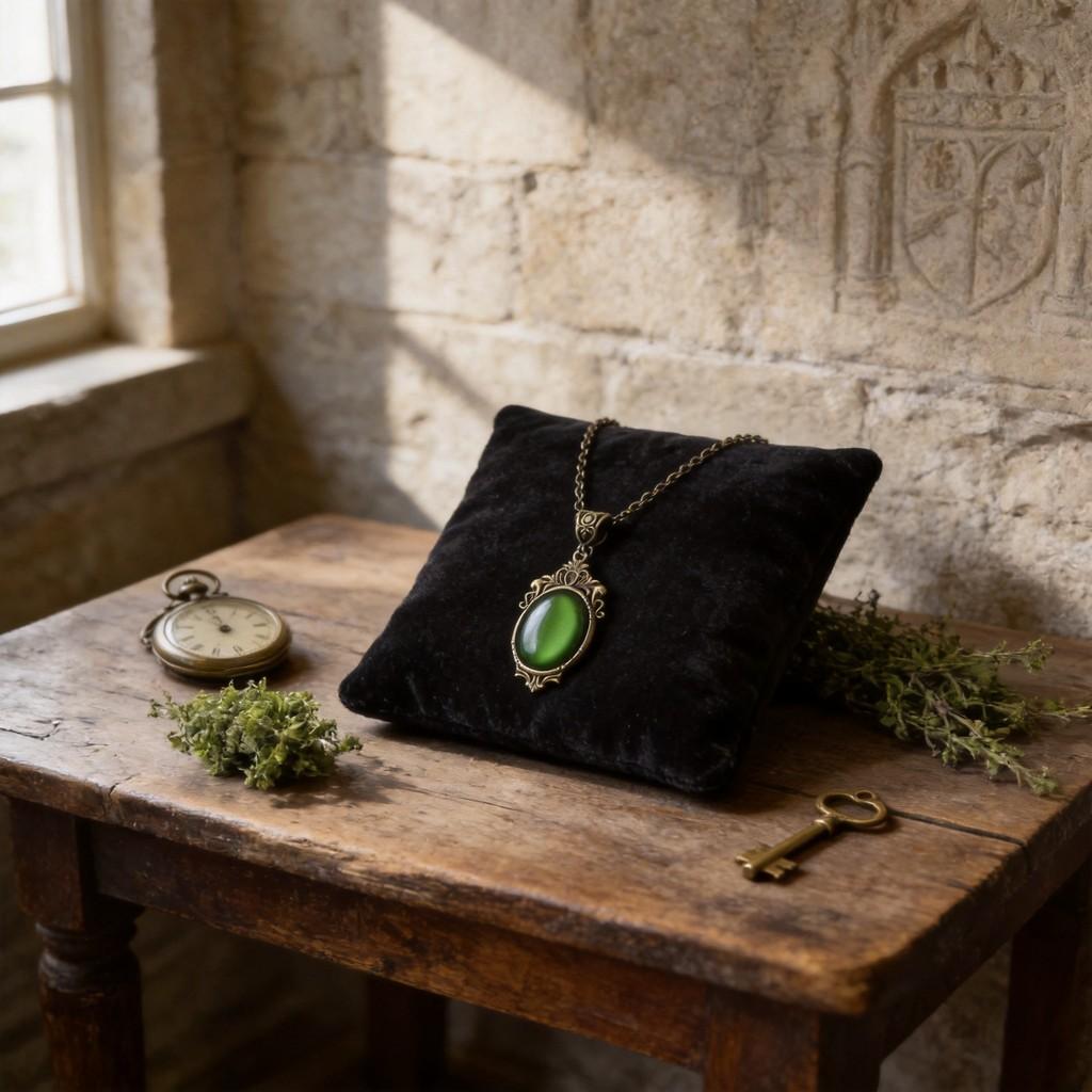Gothic Bronze Pendant Necklace With Green Stone And Cross Chain For Women