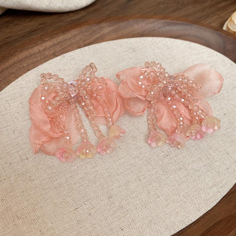 Silver Needle Fabric Flower Glass Fringed Earrings Medium Antique Temperament Stud Earrings Design Sense Niche Earrings