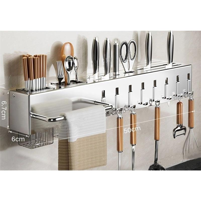 Stainless Steel Knife Holder Kitchen Knife Rack Punch Free Multifunctional Kitchen Knife Chopsticks Storage Rack Wall Mounted Knife Rack