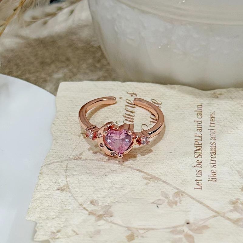 Dark Sweet Cool Pink Zircon Love Open Ring Punk Stacked Wear Personality Niche High Sense Girlfriend Ring Girl