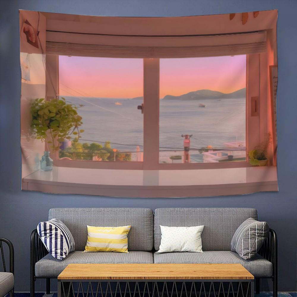 

VIKAMAins Window with Stunning Landscape Live Streaming Wall Fabric Background Decorative Tapestry for Bedroom and Dormitory 74x94cm(29x37in)