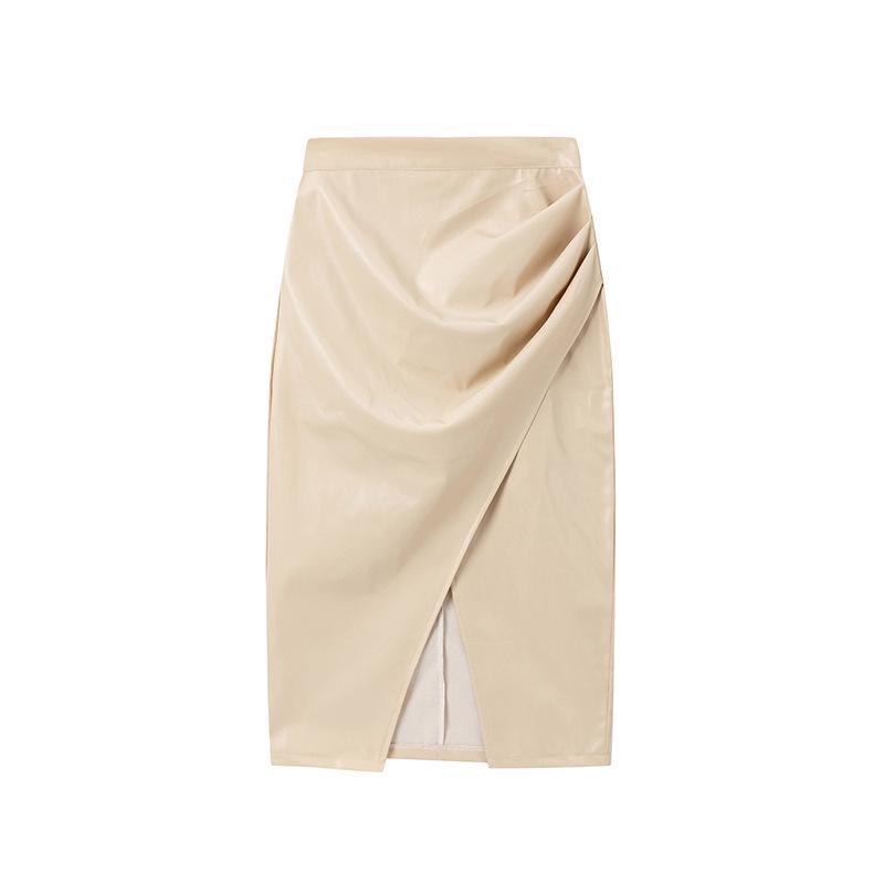 

2025 Women s Spring/Summer High-Waisted PU Leather Ruffle Skirt - Sexy Hip-Hugging European & American Style Medium бежевий