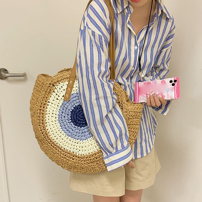 Straw Bag Women Hand-Woven Handbag Round Shape Rattan Bag Big Capacity Casual Beach Shoulder Crossbody Bag