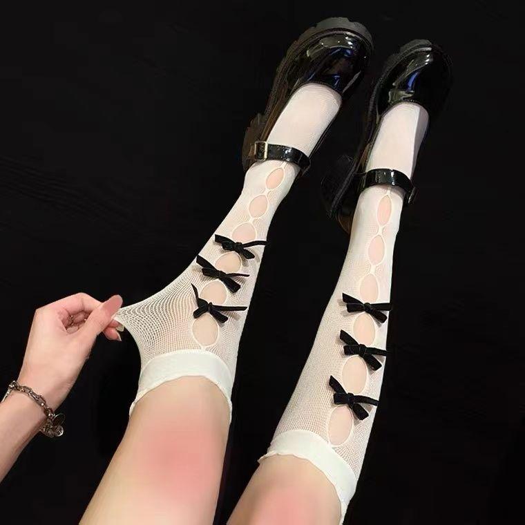 Chaussettes mi-mollet Lolita style japonais à nœud papillon | Dentelle ajourée Pure Désir - Été fin & Polyvalent JK