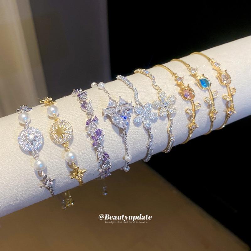 Monet Garden~ Super Sparkling Zircon Flower Round Bracelet Light Luxury Delicate Bracelet Sweet Versatile Jewelry