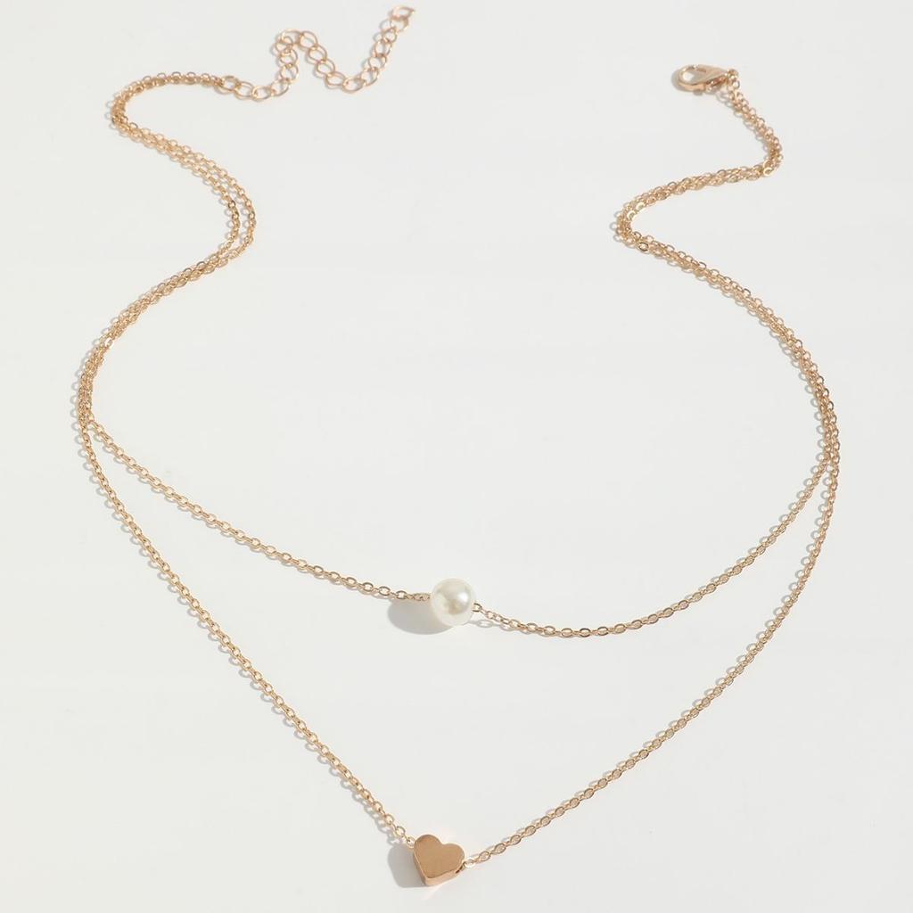 Double-layer Love Imitation Pearl Necklace, Versatile Stacked Neck Chain Design Sense Niche Collarbone Chain Women