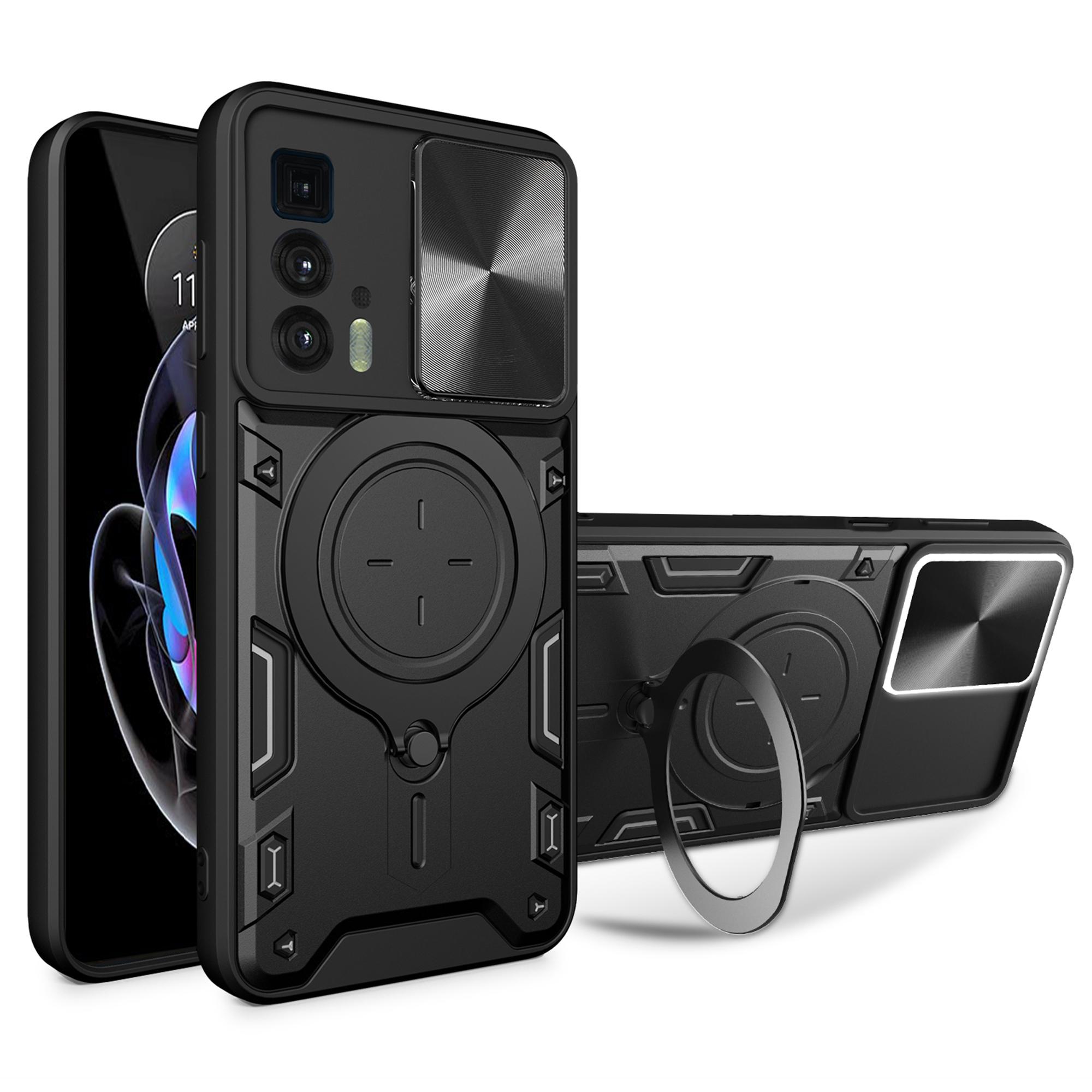 

For Motorola Edge 20 Pro Slide Camera Lid PC+TPU Phone Case with Ring Kickstand Shock-absorbing Cover Black
