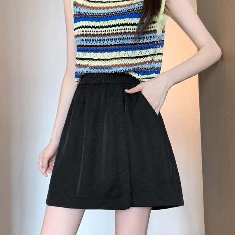 

Women Shorts Overalls Culottes Women s Summer Thin 2025 New Loose Wide-leg Five-point Pants Casual Ice Silk Sports Shorts M чёрный