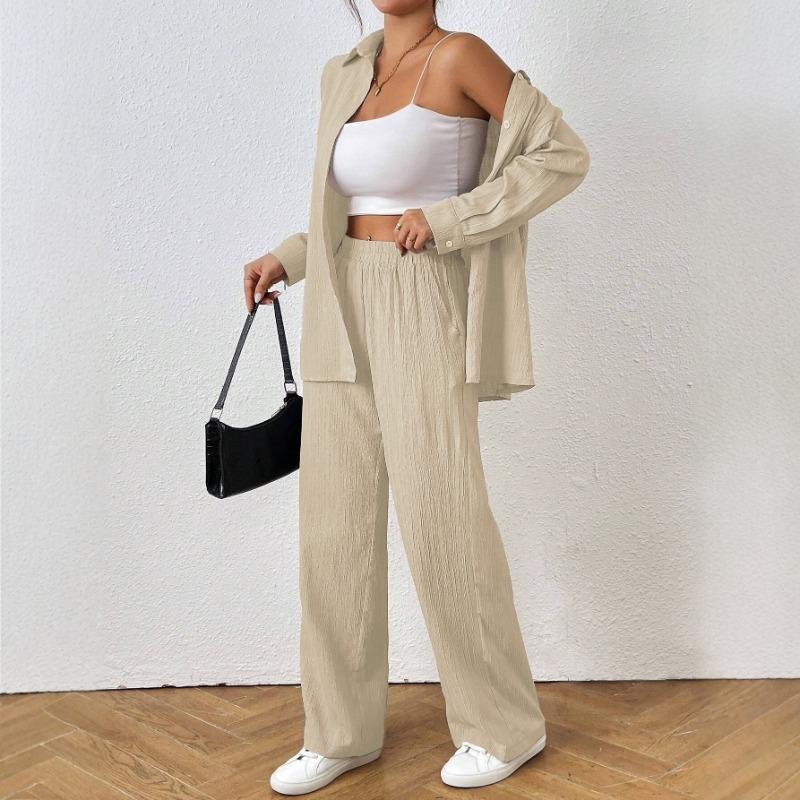 

Women 2 Piece Casual Set Button Up Shirt And Elastic Waist Wide Leg Pants S абрикосовий