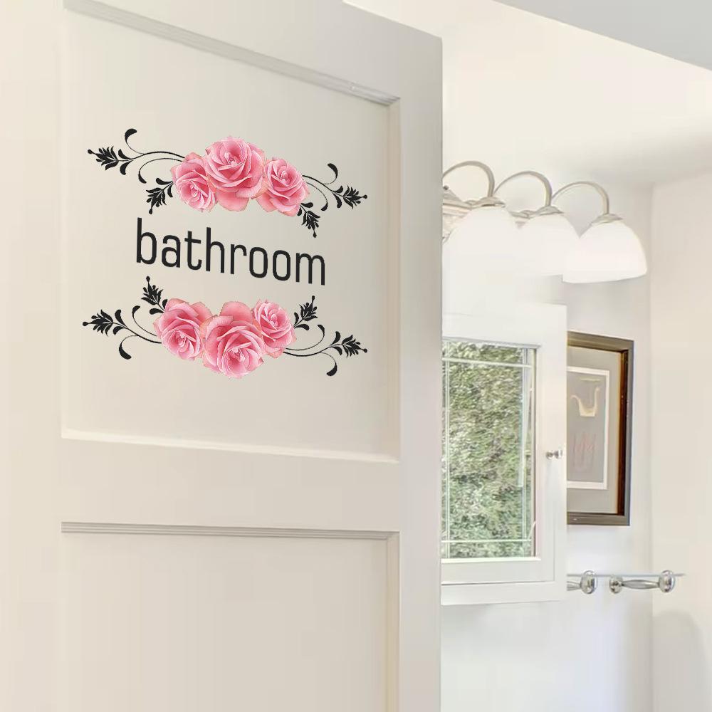 Painted Rose Pattern and English Label Bathroom Door Decorative Sticker