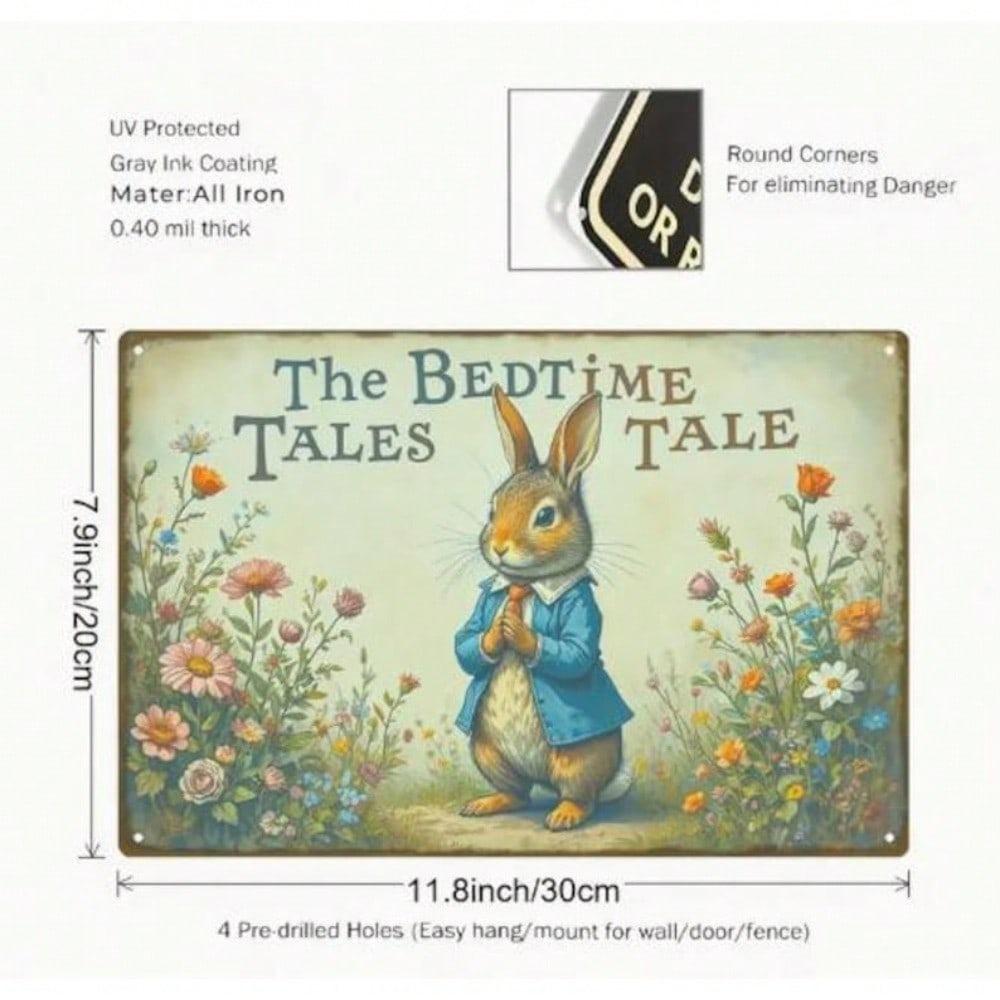 Vintage Rabbit Wall Art Metal Tin Sign Floral Illustration Rustic Home Decor Nursery Bedroom