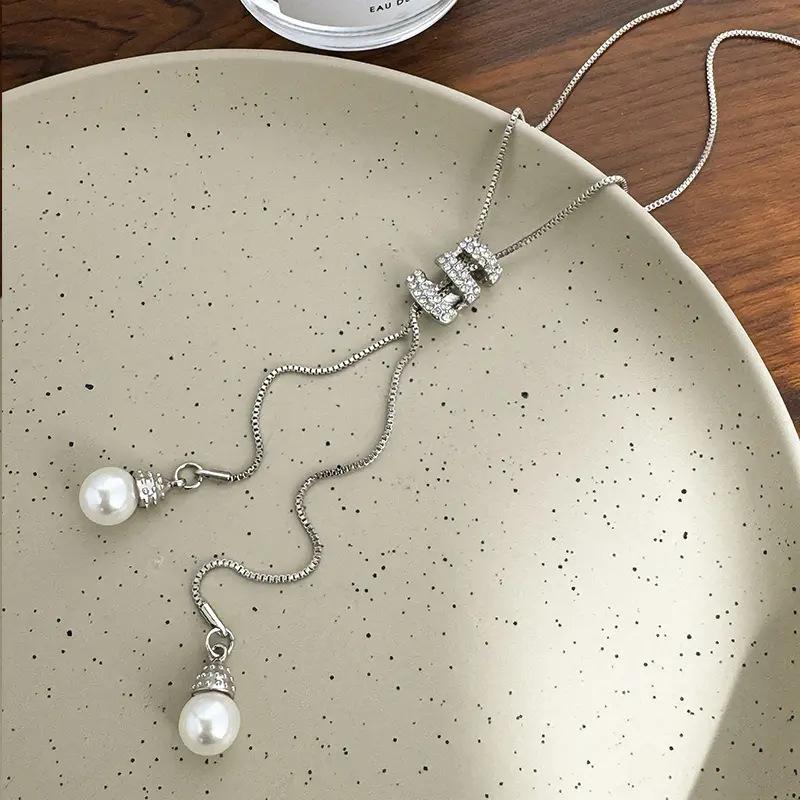 Declarație imitație de perle cristal pulover lung lanț colier panglică cerc colier femei vintage pandantiv guler bijuterii