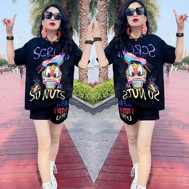 

Plus Size Women s Cartoon Short Sleeve Loose Suit - Summer 2026 Korean Style Shorts Two-Piece Set XXL [Recommended 63-70 kg]