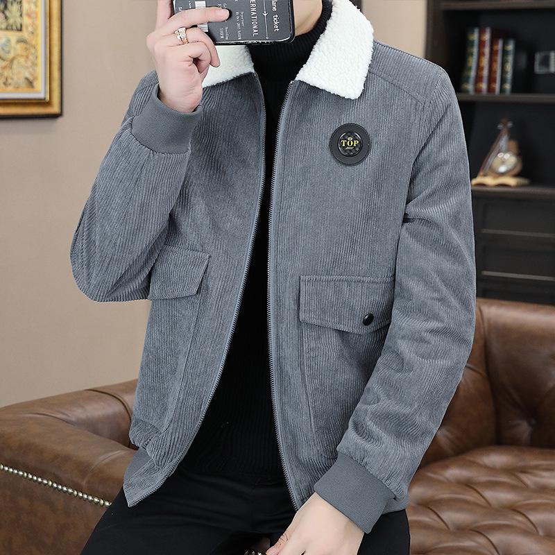 Men's Winter Corduroy Jacket with Lapel and Lamb Wool Collar - Thick and Warm Style