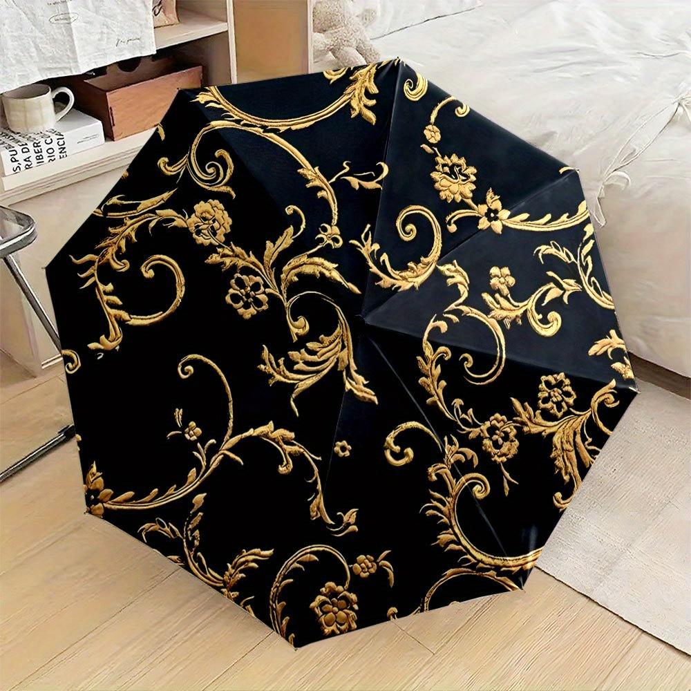 Automatic Folding Umbrella with Golden & Black Luxury Design - 8-Rib Compact Portable Umbrella with Handle & Automatic Opening