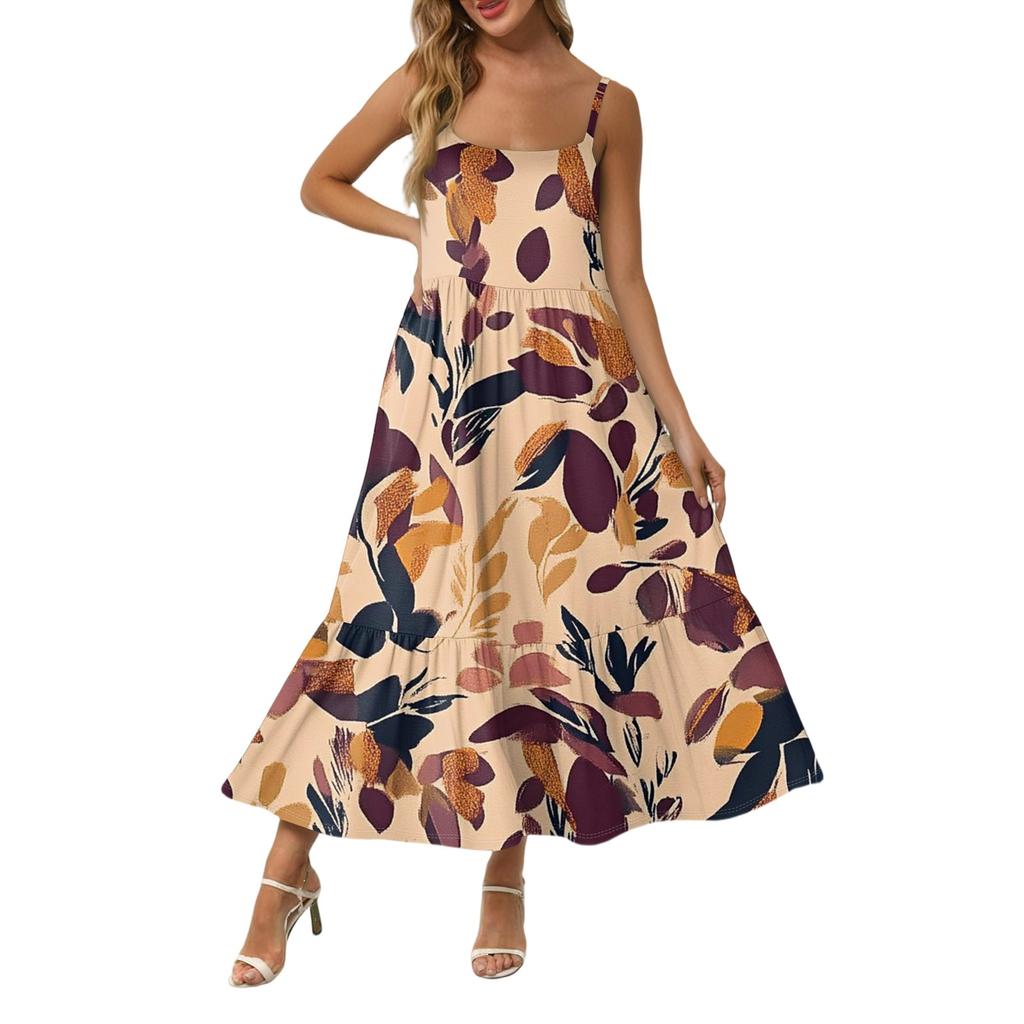 Women's Long Beach Casual Elegant Spaghetti Strap Maxi Dress Stitching Low-key Flowing Bohemian Dress
