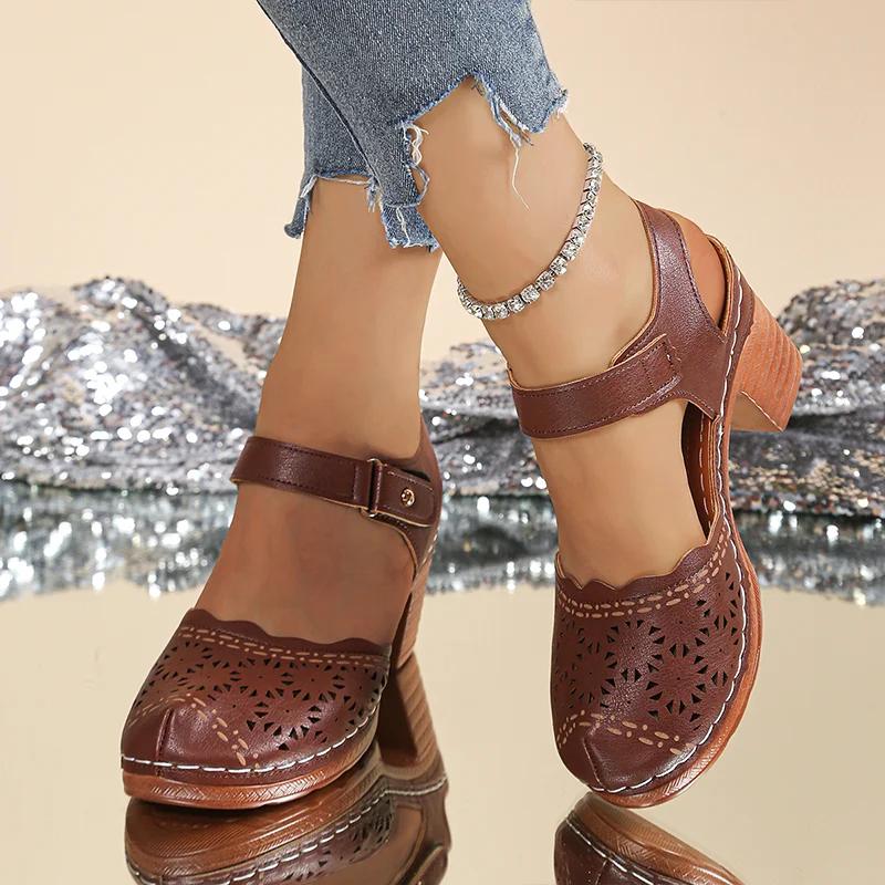 High Heels Women Sandals Chunky Cozy Walking Shoes Summer Pumps Dress Woman Slippers 2025 Trend Brand Hollow Sandalias De Mujer