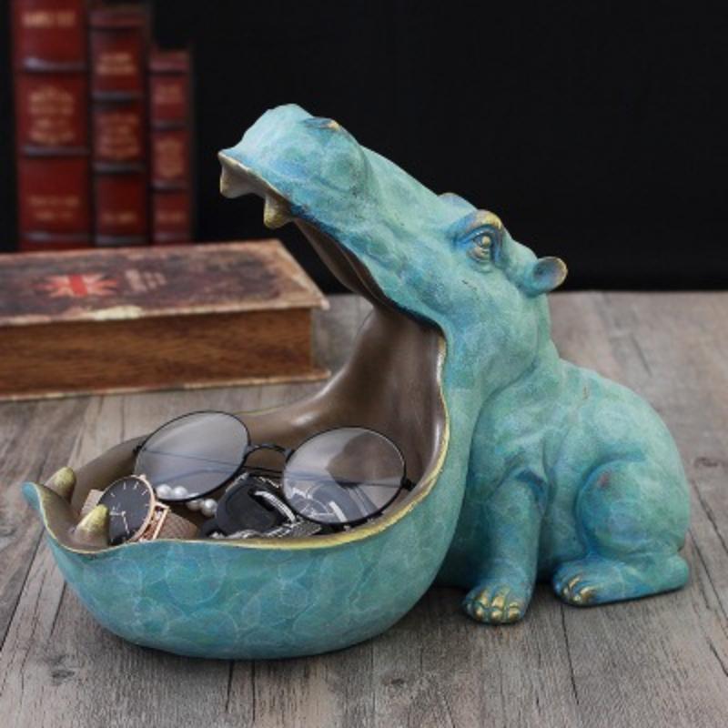 Resin Hippo Statue Big Mouth Hippo Figurine Candy Dish Key Bowl desktop Storage Ornament Home Office Table Decoration Accessorie