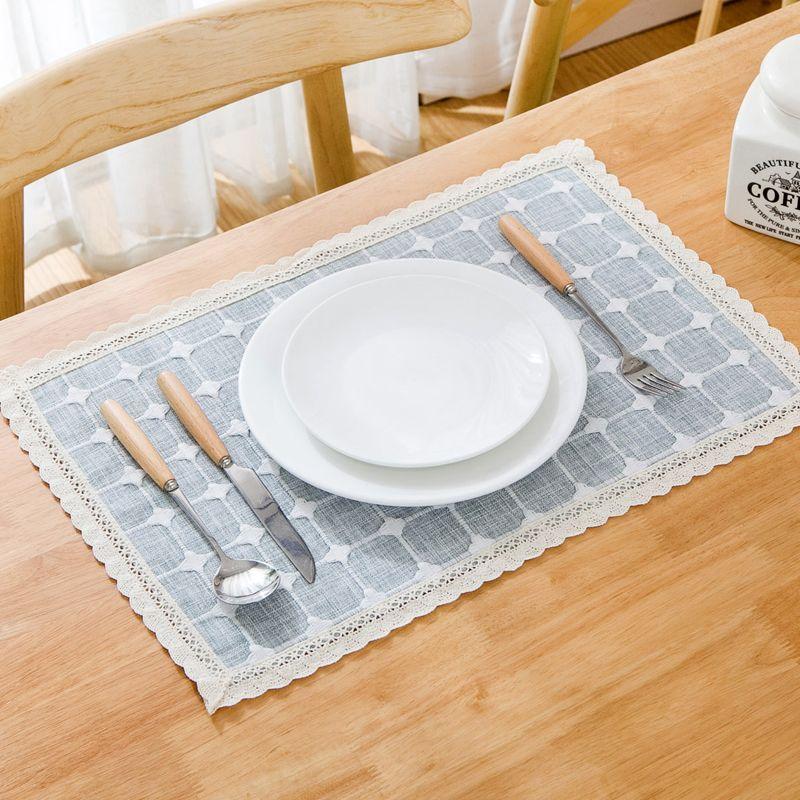 

American Idyllic Lattice Dining Table Cushion Western Meal Placemat Thickened Cotton Linen Placemats Insulated Double Layer Tableware Mat Fabric Blue-Gray-Gingham Double layer-Placemat (30*45cm)