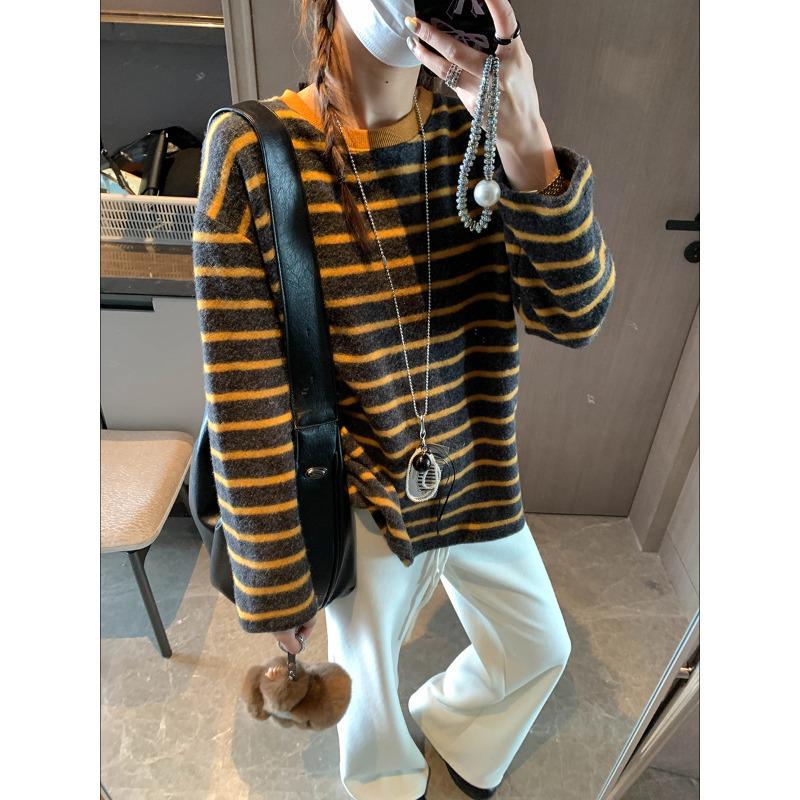 

Soft & Sticky Skin-Friendly Korean Color-Block Striped Loose Long-Sleeve T-Shirt MQ1040 One Size оранжевый/серый