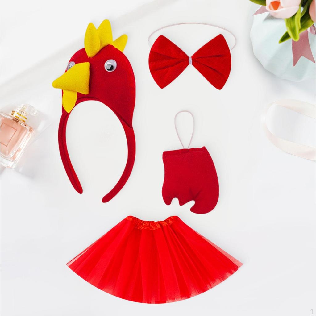 4 Pieces Chicken Animal Costume Set with Bow Tie, Tail, Skirt for Festival