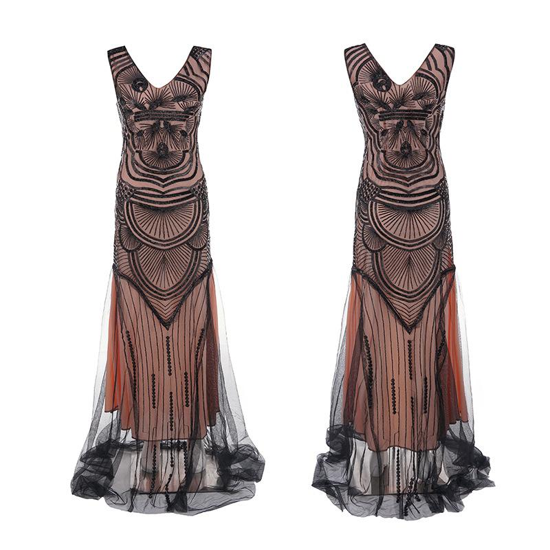 Popular retro dress bridesmaid beaded mesh sequined evening dress European and American wedding dress long dress