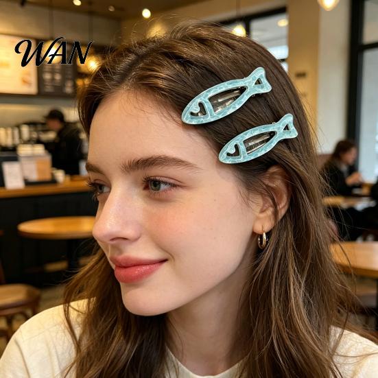 Fresh Fish Hollow Shape Clip 2Pcs Girl Hairpins, Acrylic Hair Clips with Built-in Elastic Clip, Broken Pins, Transparent Icy Blue Accessories