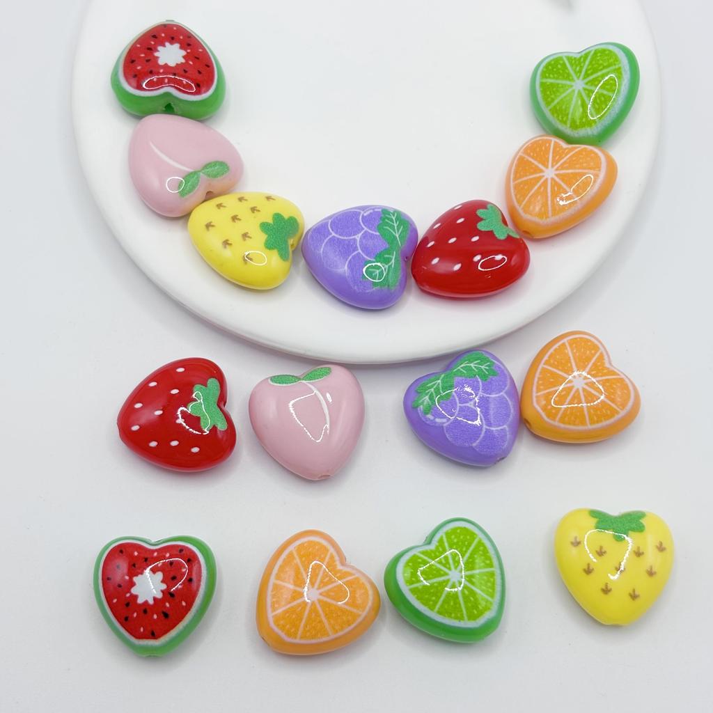 10 Heart-shaped Acrylic Spacer Beads with Mixed Fruits, Suitable for Necklaces, Bracelets, Earrings, and DIY Crafts.