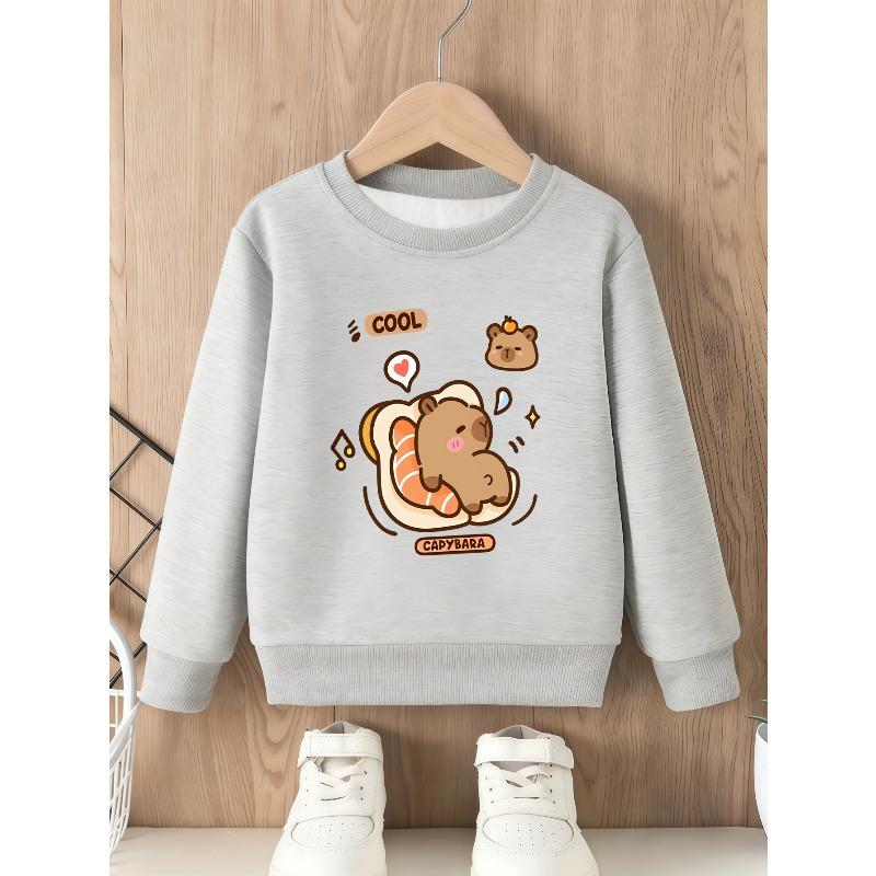 European sizes Cute Capybara Fun Print Crewneck Sweatshirt, Casual Top for Kids, Simple and Trendy Design with Cartoon Bear Hugging Salmon Pattern