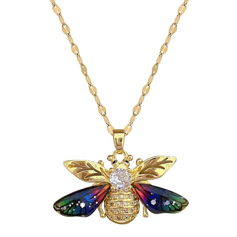 Colorful Bee Zircon Light Luxury Temperament Gorgeous Full Diamond Necklace Female Versatile Collarbone Chain Titanium Steel Chain