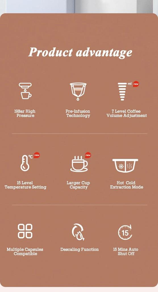 New Cafelffe MK-609S 4in1 Coffee Machine Dolce Gusto Nespresso Capsule ESE Pod Ground Coffee Coffee Cafeteria 19Bar Hot/Cold,Gift for Lover