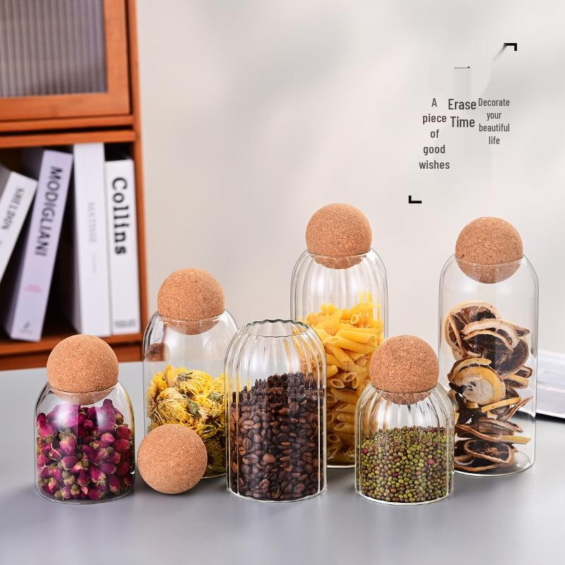 Skladovací sklenice z vysoce borosilikátového skla s korkovým víčkem na kuchyňské obiloviny a čaj, vzduchotěsná a průhledná.