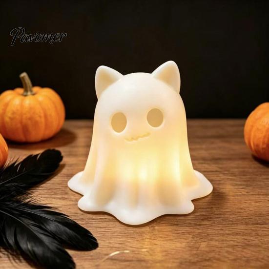 Gift for Cat Lovers 3D Printed Ghost Candle Holder, Spooky Figurine Small Halloween Party Prop with Warm Light Tabletop Home Decoration Miniature